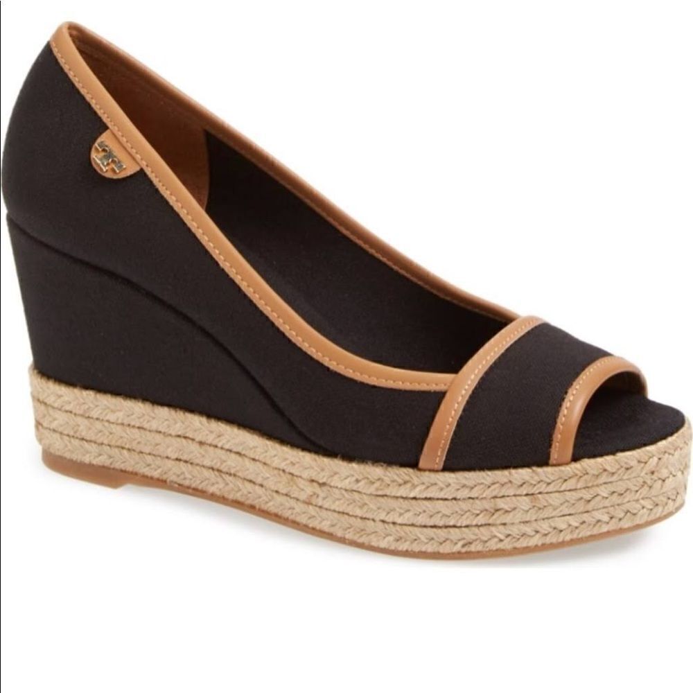 Tory Burch Black & Brown Majorca Espadrille Peep Toe Wedge